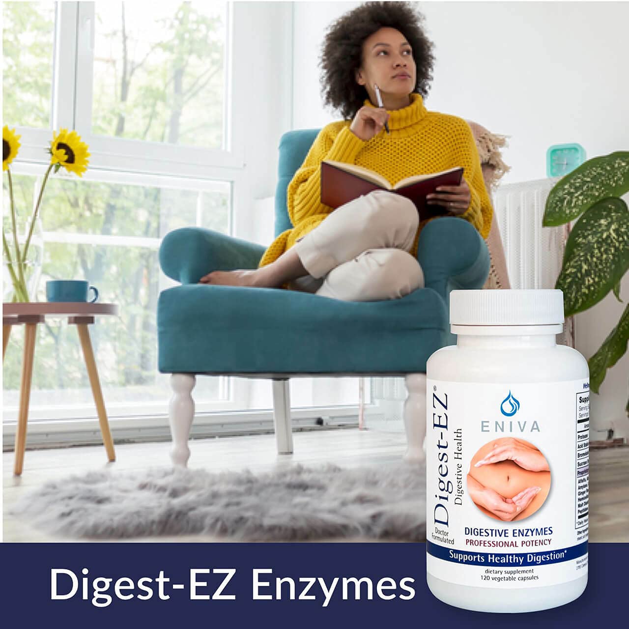 Eniva Health Digest-EZ Digestive Enzymes Bromelain and Papain Ginger and Alfalfa Blend Capsules, 120 Count