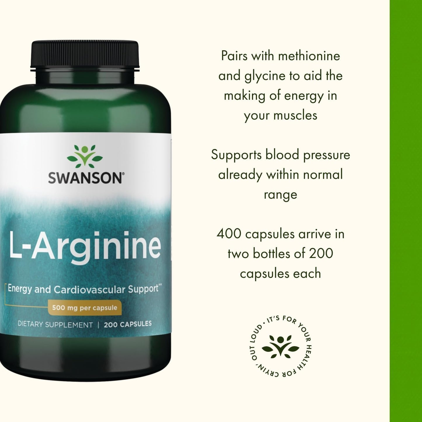 Swanson Amino Acid L-Arginine 500 mg Capsule, 200 Capsules