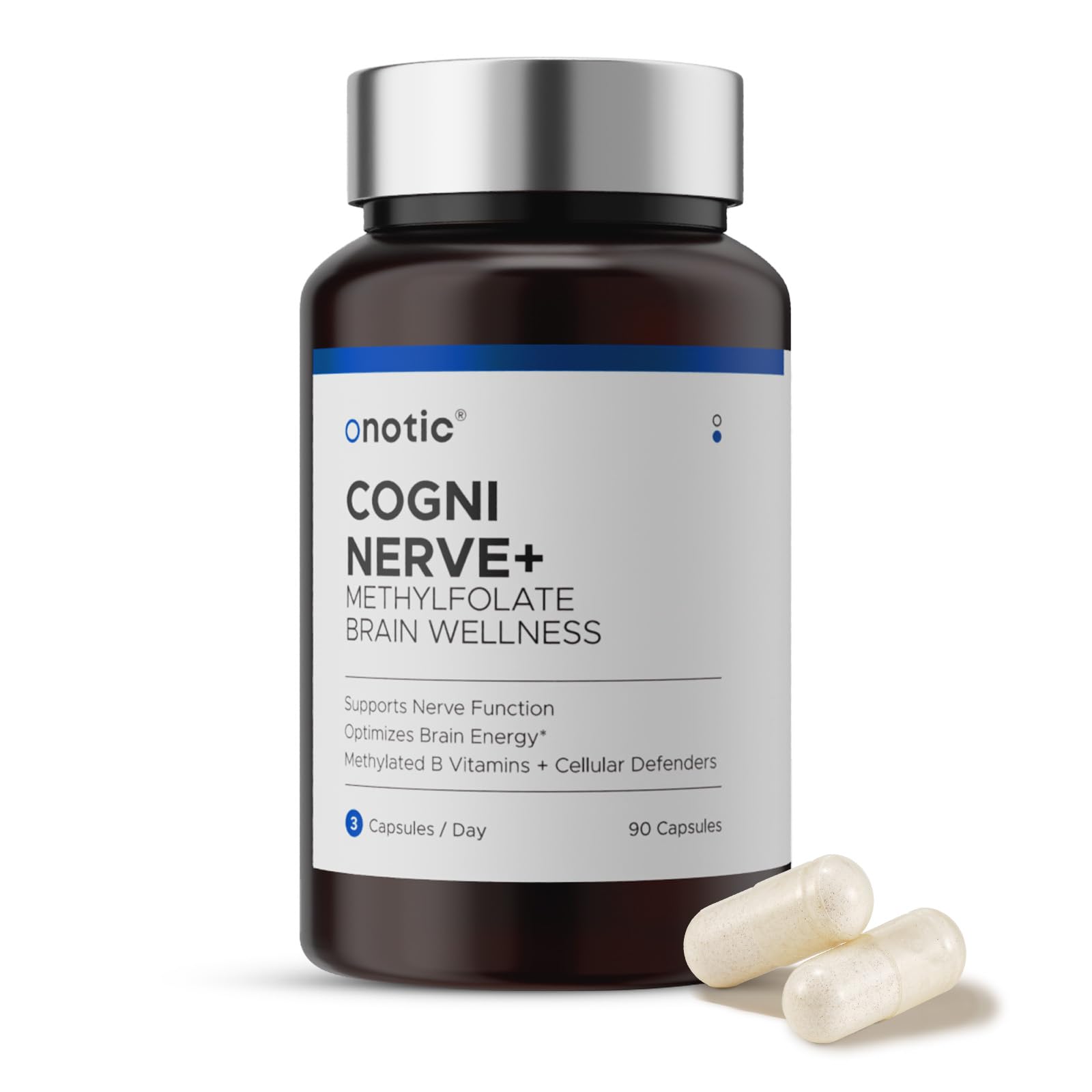 ONOTIC Brain Wellness Capsules with L-Methylfolate, NAC, Vitamin B12 for Memory & Focus, Vegan, Non-GMO, Gluten Free, 90 Capsules