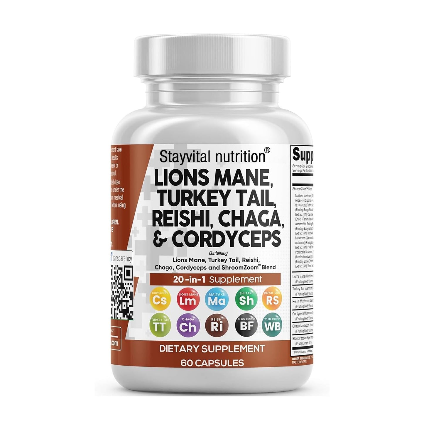 Stayvital Nutrition Organic Mushroom 20-in-1 Supplement 1200mg Vegan Capsules, 60 Capsules