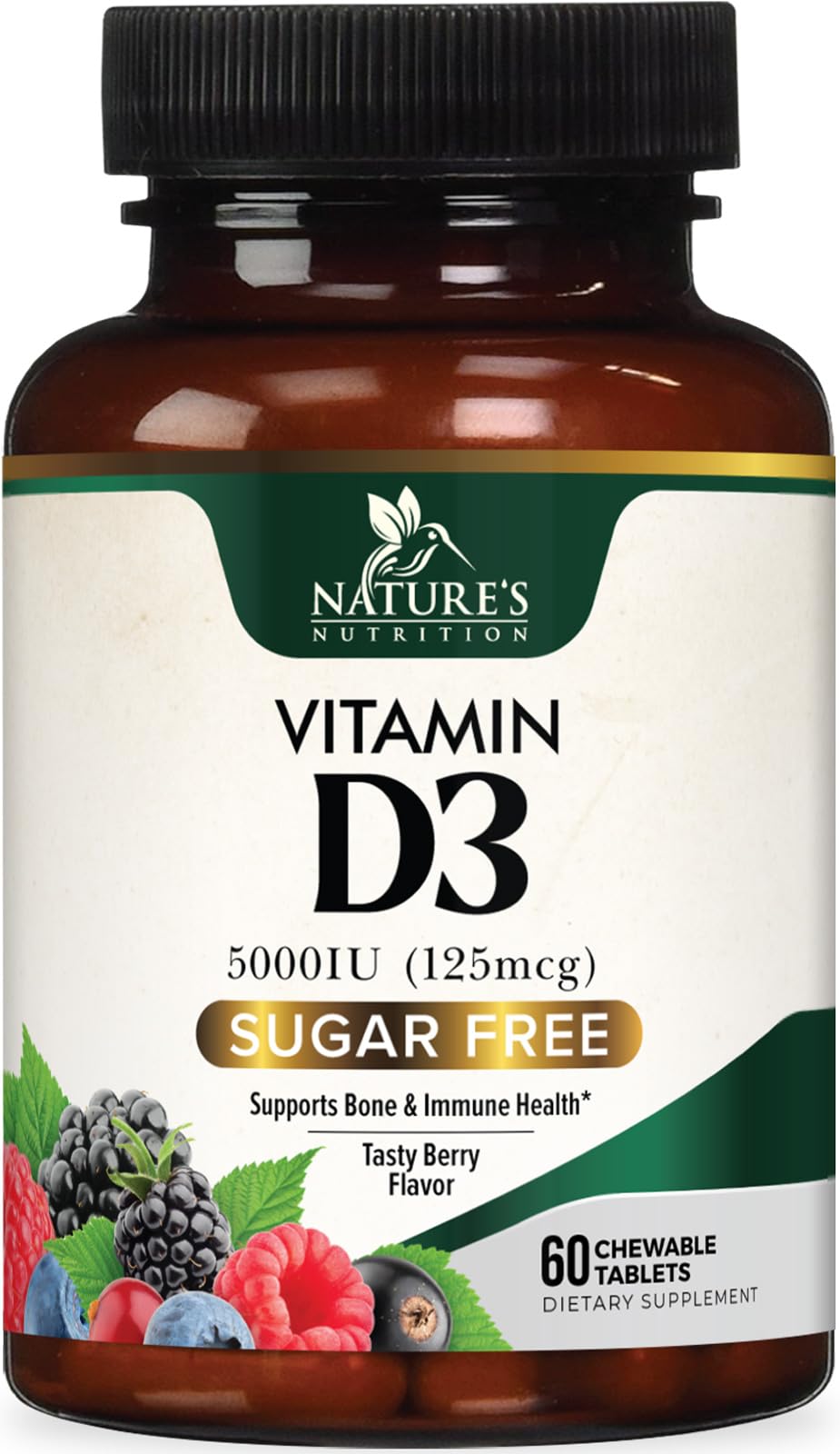 Nature's Nutrition Vitamin D3 5000 IU (125 mcg) Chewable, 60 Count Tablets