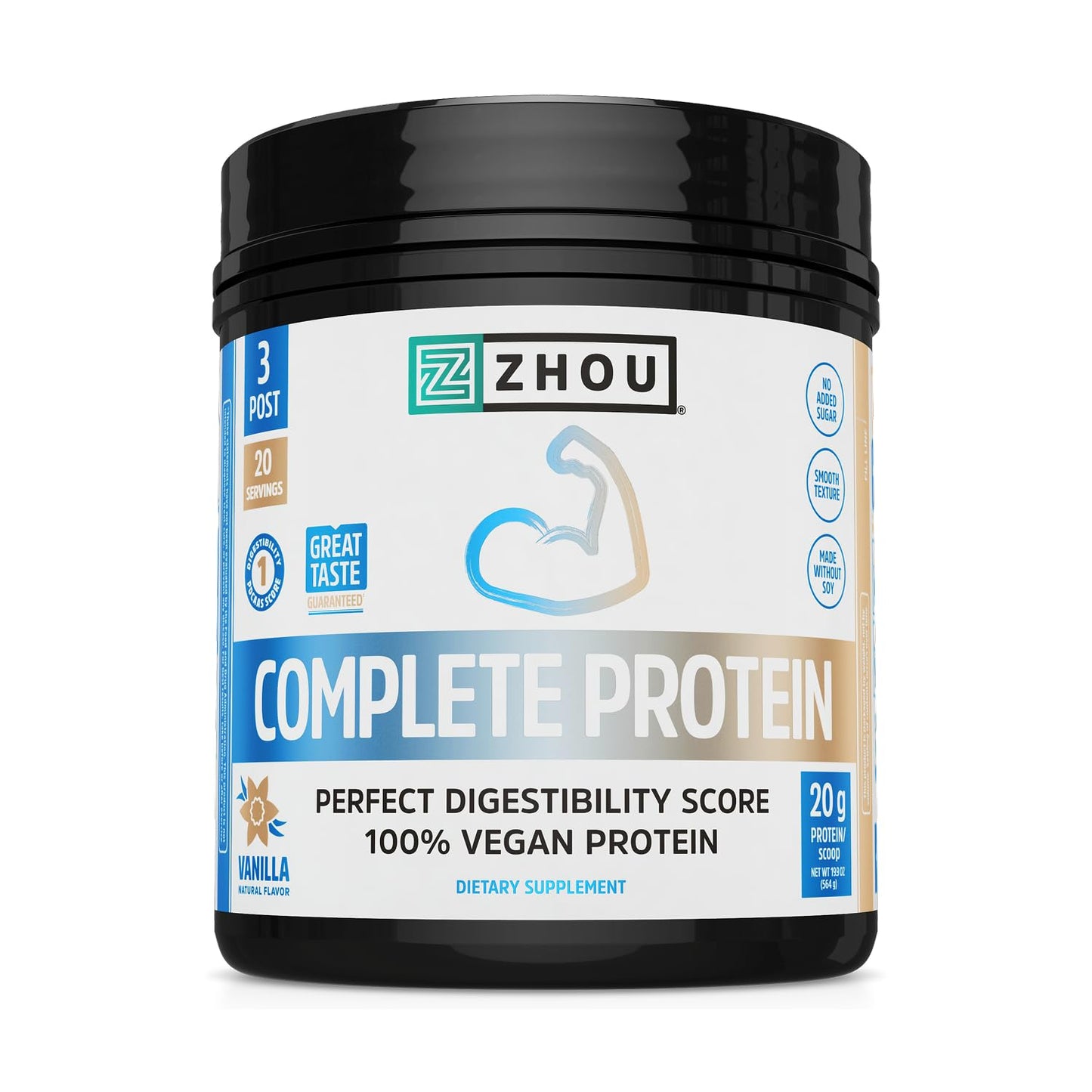 Zhou Complete Protein - Advanced Vegan Protein Powder, 20 Servings, 19.9 oz