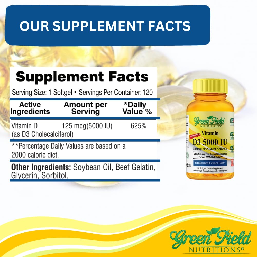 GREEN FIELD NUTRITIONS Halal Vitamin D3 5000 IU Softgels, 120 Softgels