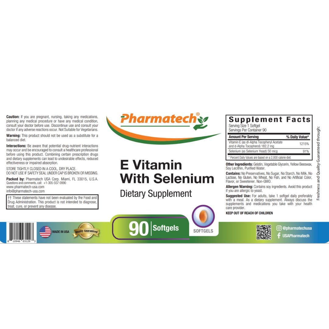PHARMATECH Vitamin E with Selenium Antioxidant Supplement Softgels 90