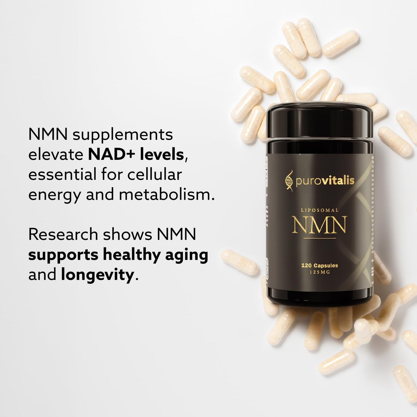PUROVITALIS Liposomal NMN 250mg Nicotinamide Mononucleotide NAD+ Boost for Cellular Health & Healthy Aging, 120 Capsules