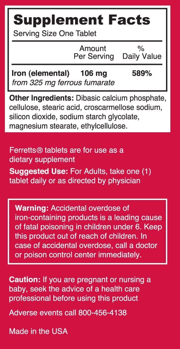 Ferretts Iron Tablets 325mg Ferrous Fumarate, 240 Tablets