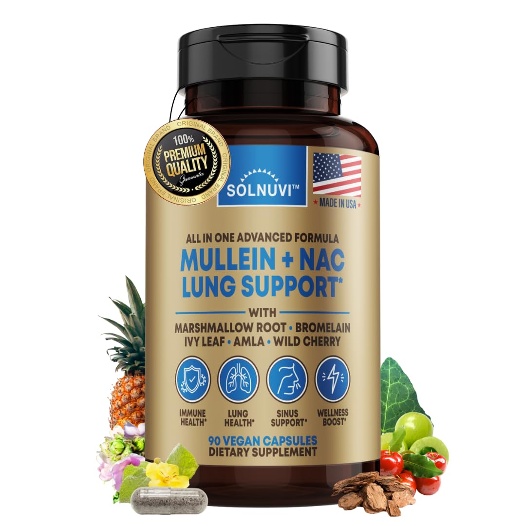 SOLNUVI Mullein Leaf Extract & NAC Lung Detox Cleanse - N-Acetyl Cysteine, Marshmallow Root, Bromelain - Lung Health, Sinus, Mucus Removal Support Supplement for Smokers, 90 Capsules