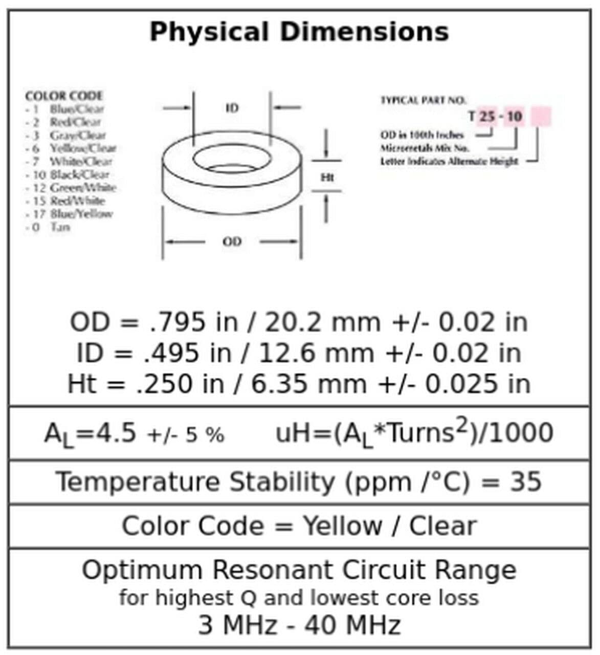 DBParts T80-6 Core Iron Powder Ferrite Yellow Toroid Core, 1 Piece