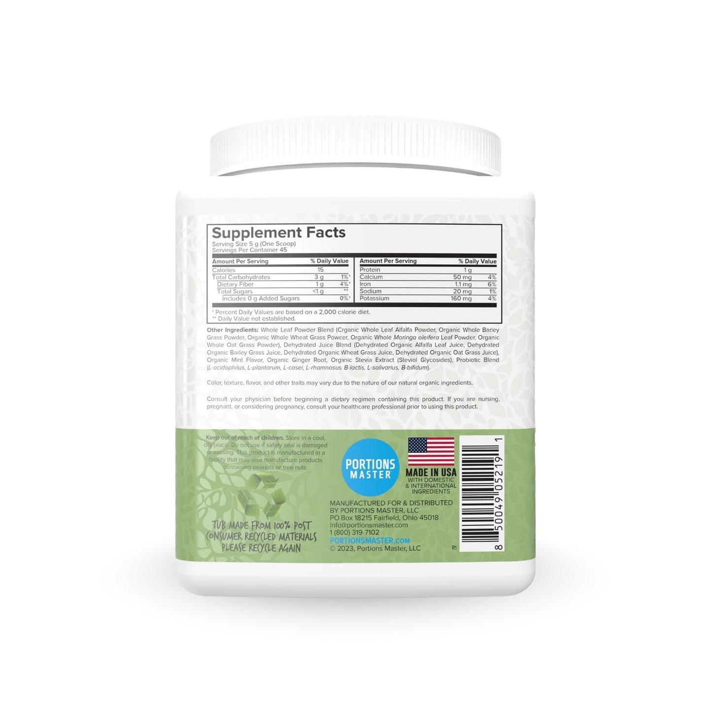 Portions Master Vulcanic Supergreens, Wheatgrass & Spirulina (Mint) Powder 7.9 Ounce
