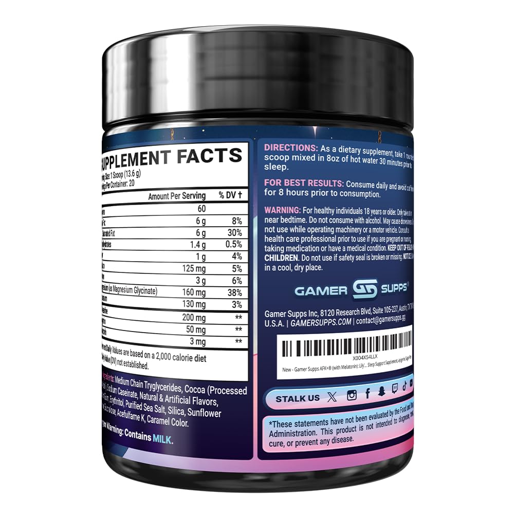 Gamer Supps AFK+ with Melatonin Lily's Lullaby Hot Cocoa by Shylily Powder 9.59 Ounce
