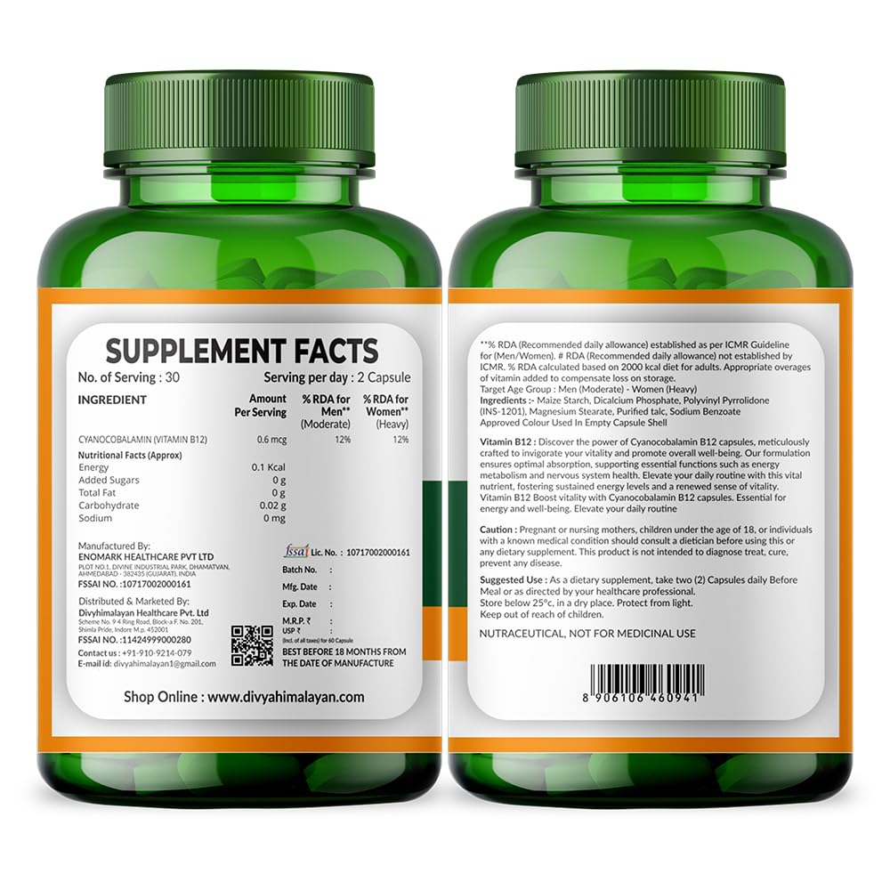 Divya Himalayan Vitamin B12 Methylcobalamin 1000 mcg Capsules, 60 Count