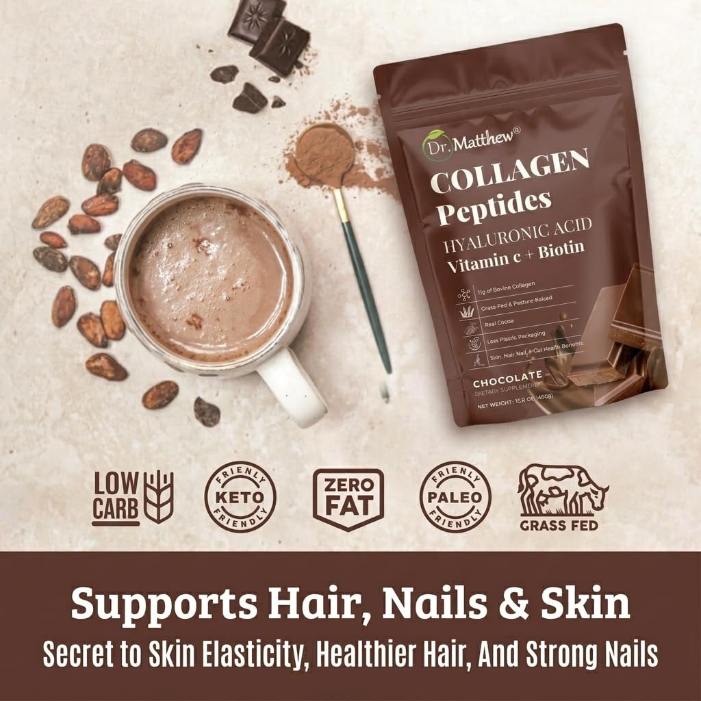 Dr. Matthew Chocolate Collagen Powder with Hyaluronic Acid, Vitamin C & Biotin, 15.9 oz