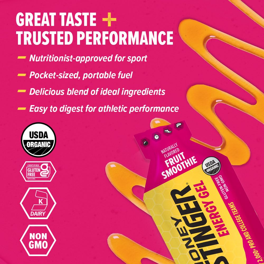 Honey Stinger Organic Fruit Smoothie Energy Gel, Gluten Free & Caffeine Free, for Exercise, Running and Performance, Sports Nutrition for Home & Gym, Pre and Mid Workout, 24 Pack, 26.4 Ounce