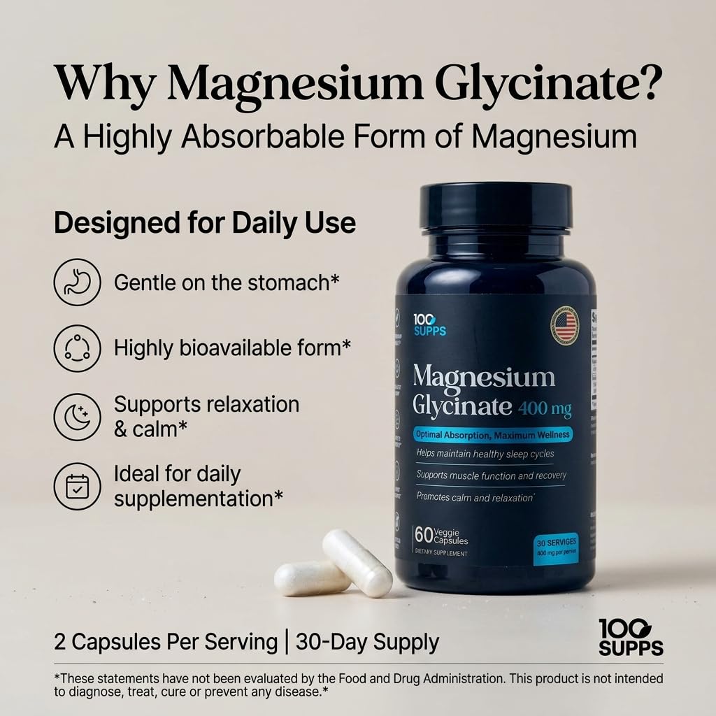 100 Supps Magnesium Glycinate 400mg Capsule, 60 Capsules