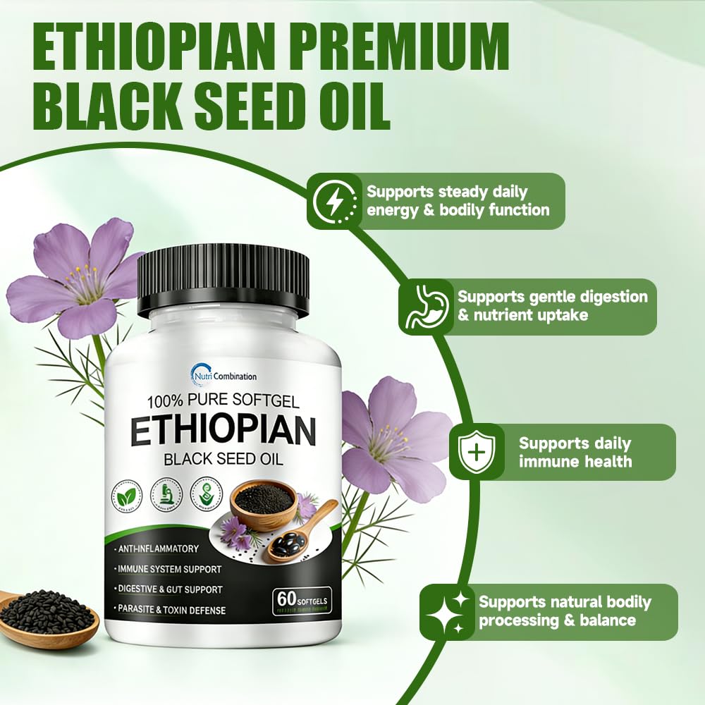 nsseelo Ethiopian Black Seed Oil Capsules with 4.64% Thymoquinone, Immune Support & Digestion & Energy Booster, Gluten-Free, Non-GMO, 60 Capsules
