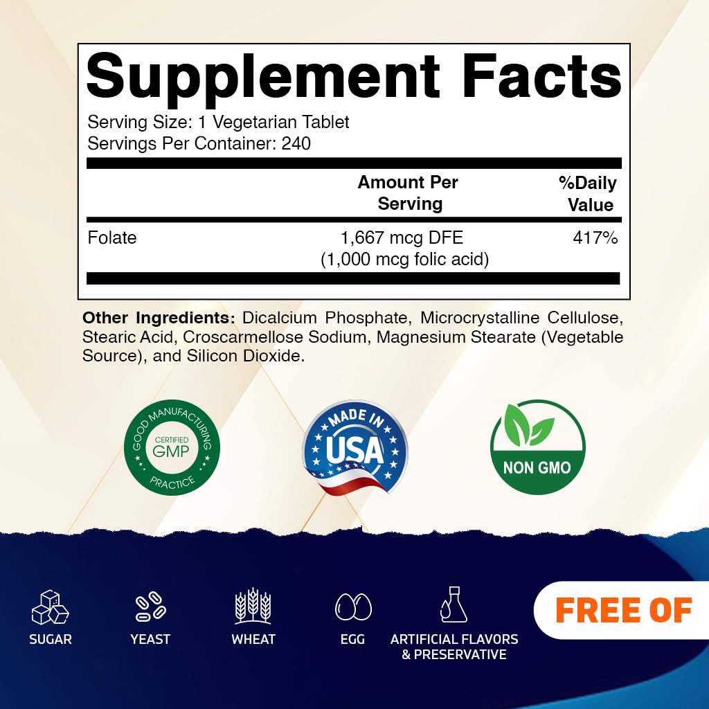 Vitamatic Folic Acid 1000 mcg (1 mg) Vegetarian Tablet, 240 Count