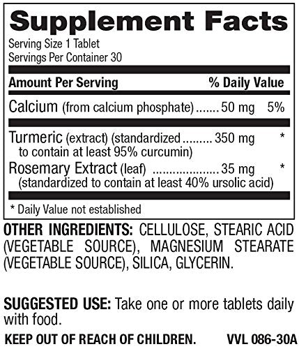 Natural Nutra Turmeric Curcumin with 95% Curcuminoids Extract, Rosemary, 350 mg, Tablets, 30 Count