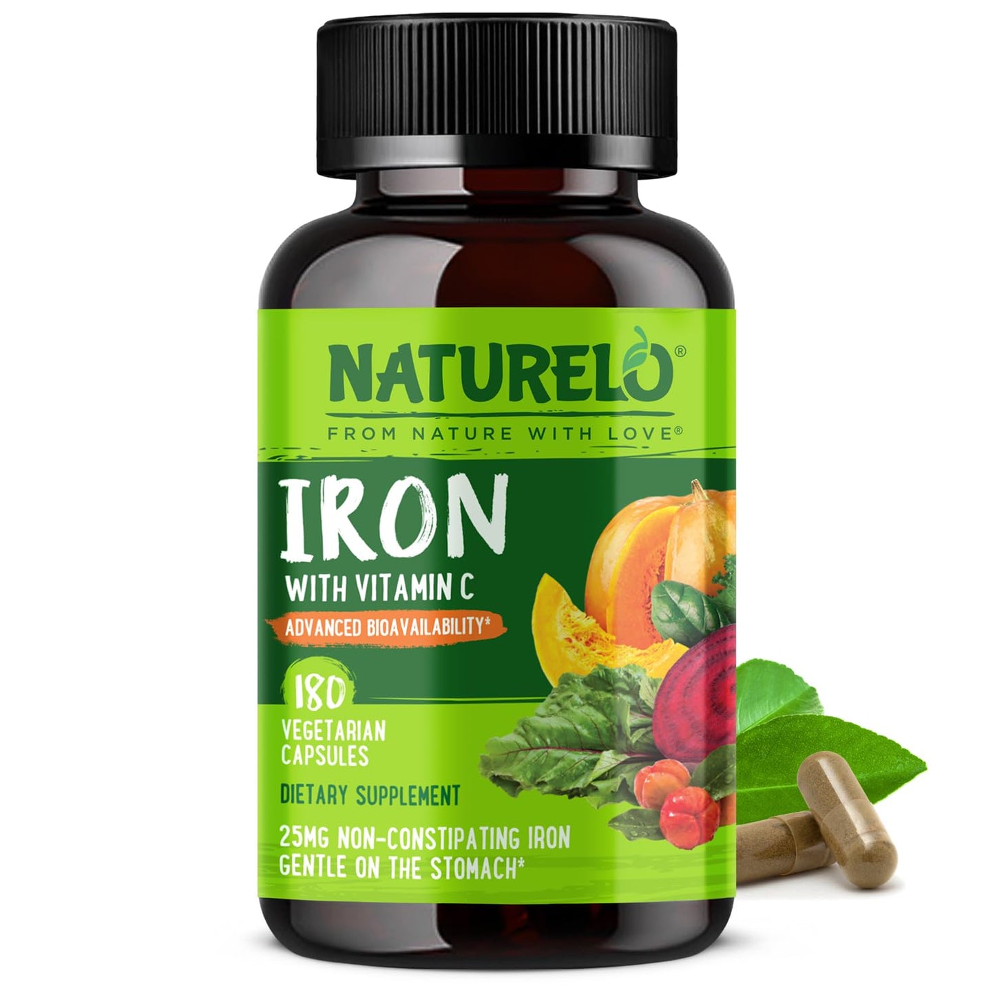 NATURELO Vegan Iron Supplement with Vitamin C and Organic Whole Foods - Capsules, 180 Count