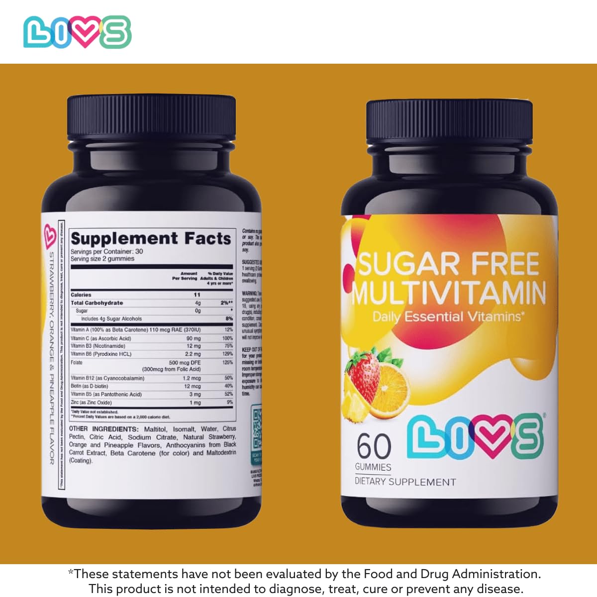 LIVS Sugar Free Multivitamin Gummies – Vegan Gummy Vitamin with A, C, D, B-Complex (B3, B5, B6, B12), Biotin & Zinc, 1 Count