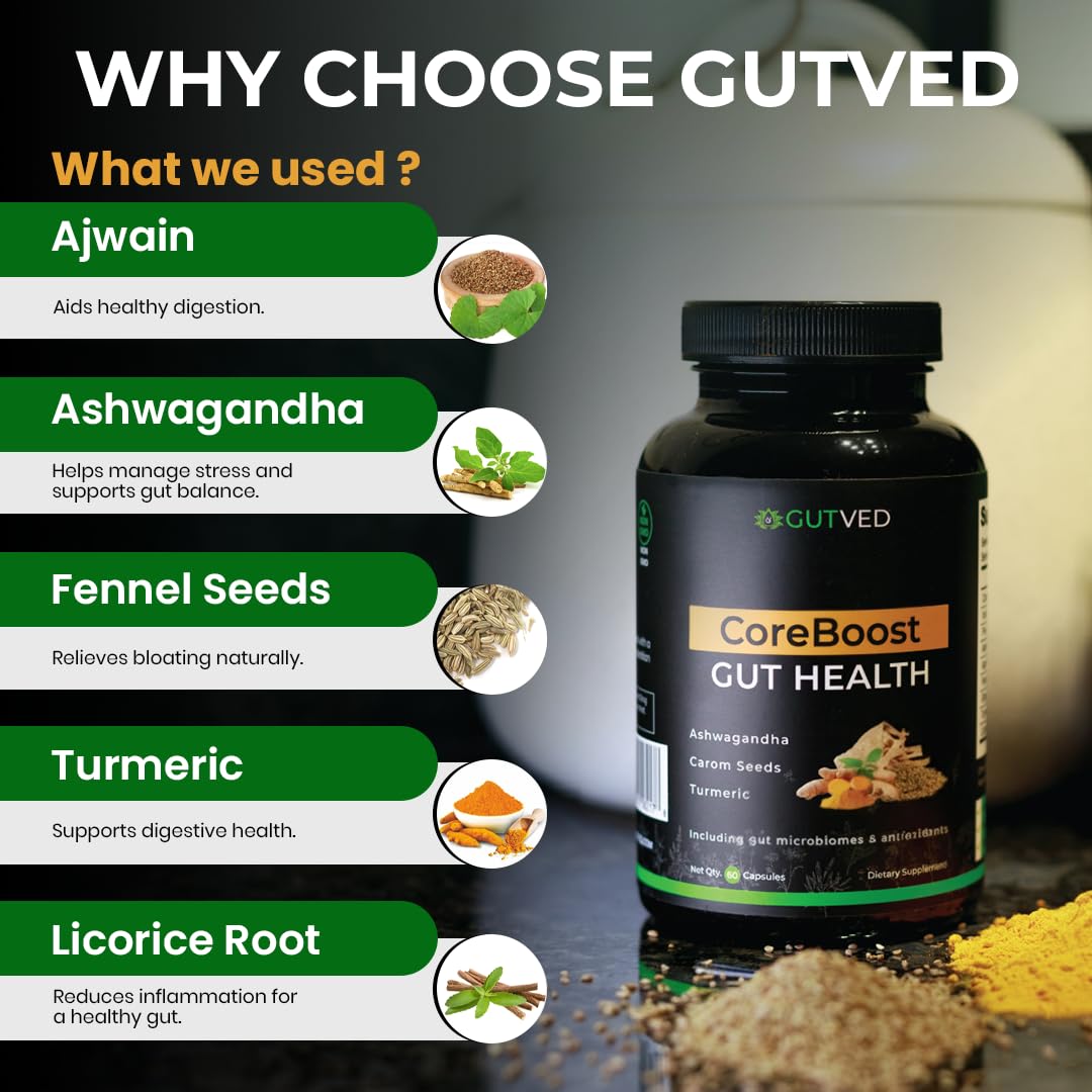 GUTVED Bloating & Gas Relief Probiotic for Women & Men 9-in-1 Gut & Digestive Support with Probiotics, Prebiotic Inulin, Turmeric, Ginger & Fennel 60 Capsules