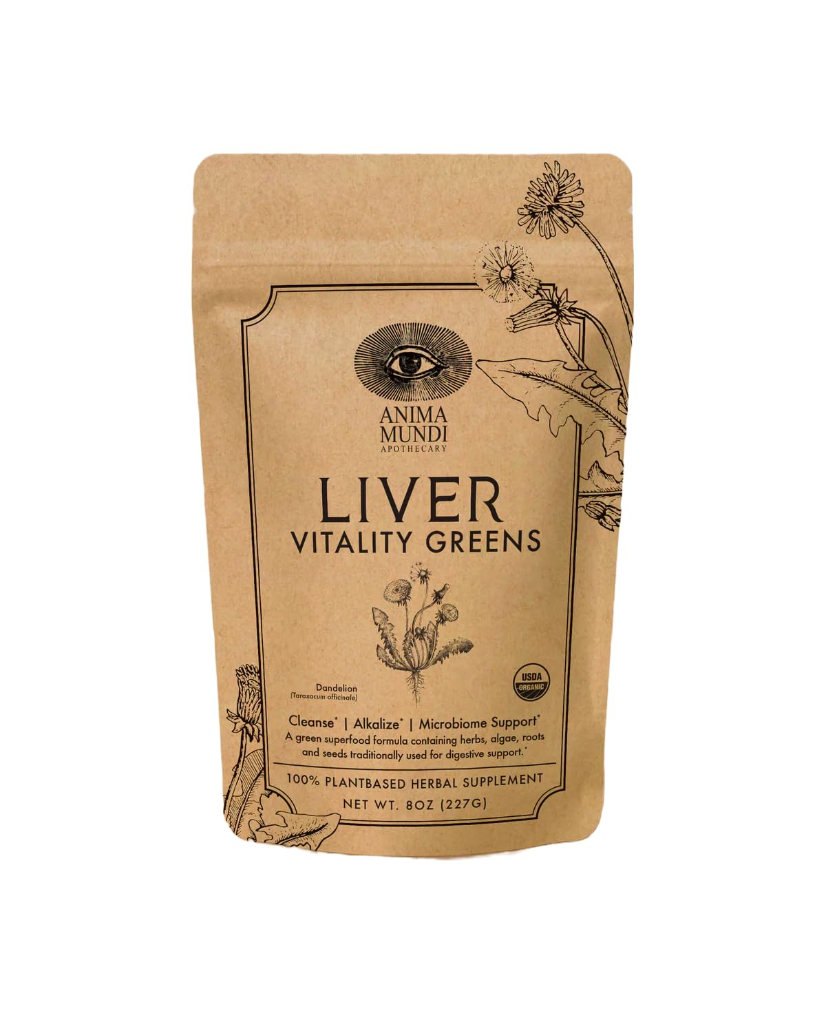 Anima Mundi Apothecary Super Greens Powder Liver Vitality Organic Superfood Greens & Herbal Prebiotics for Liver Detox, Cleanse & Support with Fair Trade Dandelion, Milk Thistle & More 8 oz