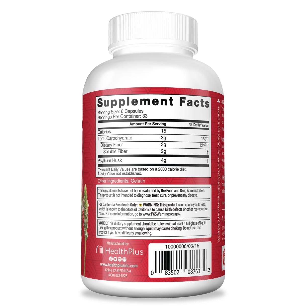 Health Plus Colon Cleanse Daily Psyllium Husk Fiber Capsules 200 Count