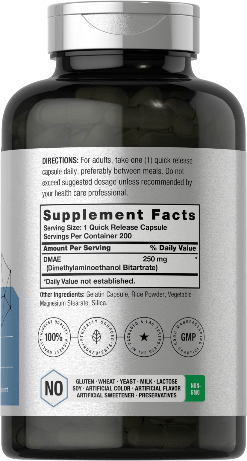 Horbaach DMAE Dimethylaminoethanol Bitartrate 250 mg Capsules, 200 Count