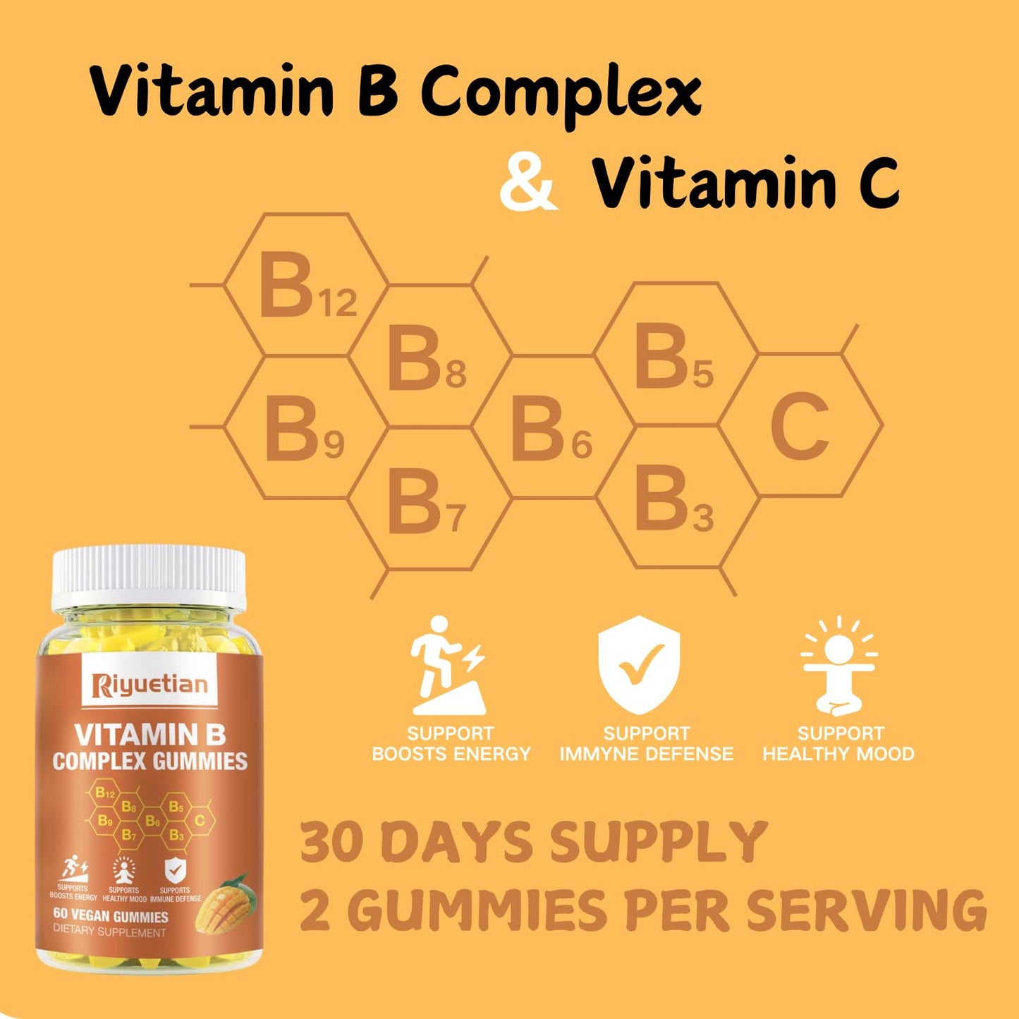 Riyuetian Vitamin B Complex Gummies with Biotin, Choline + Inositol, Vitamin C + Zinc – Supports Energy, Brain, Mood, Immune Health – Natural Mango Flavor – Vegan – 120 Gummies