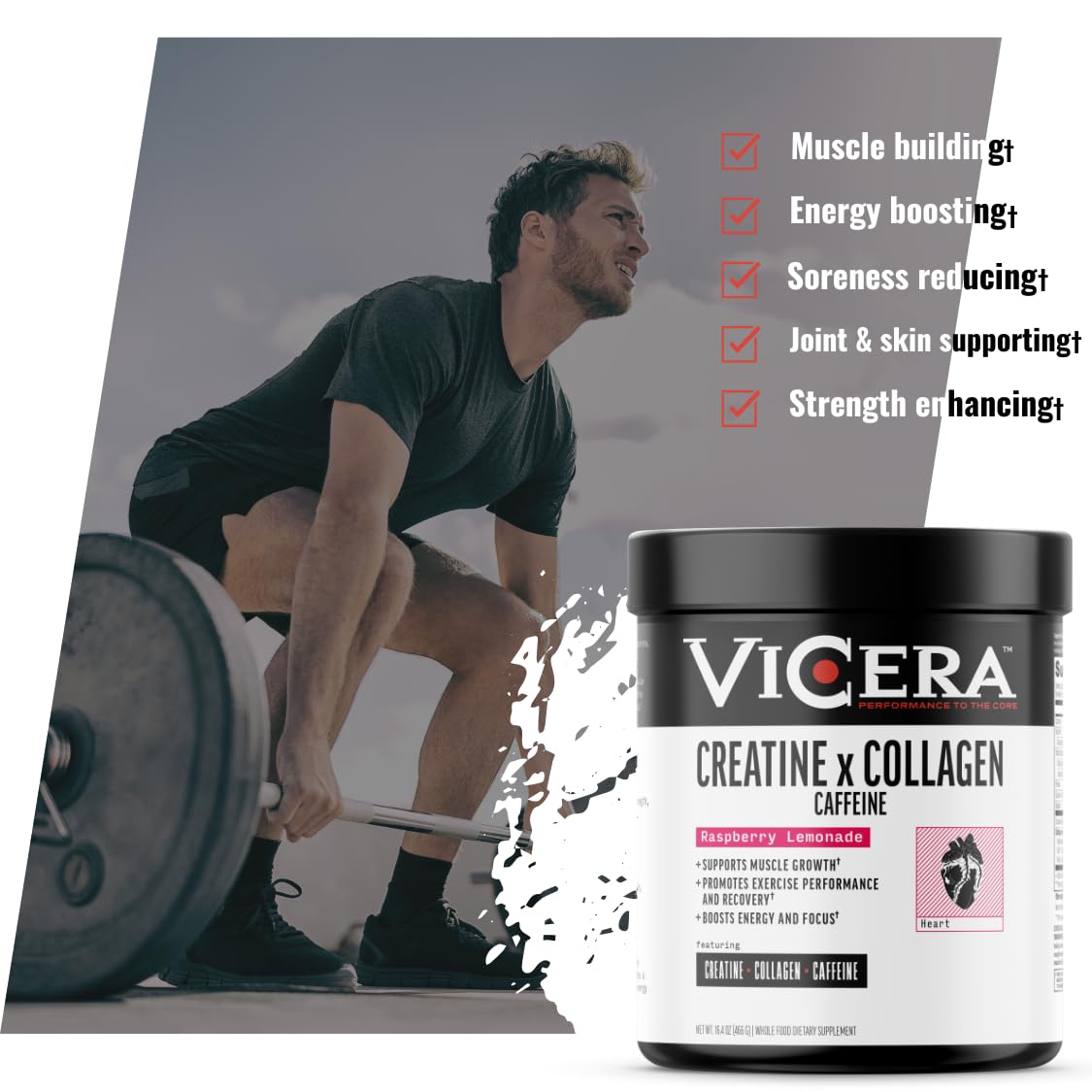 VICERA Creatine x Collagen x Caffeine Powder, Raspberry Lemonade Flavor, 16.4 Oz