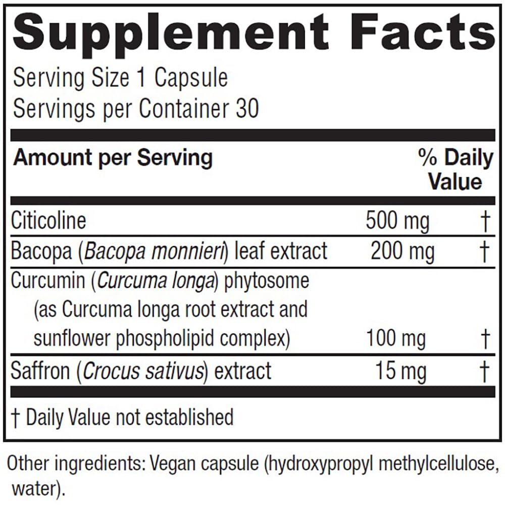 Vitanica Brain Priority Brain Health Supplement and Cognition Support with Nootropic Citicoline, Bacopa, Curcumin, and Saffron - Supports Memory, Focus, and Clarity - Vegan - 30 Capsules