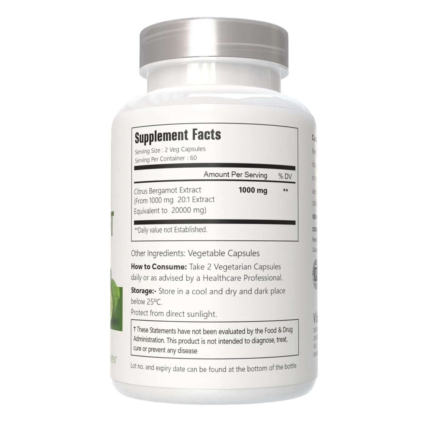 VitaCosmoX Citrus Bergamot Extract 1000mg Capsules, 120 Count