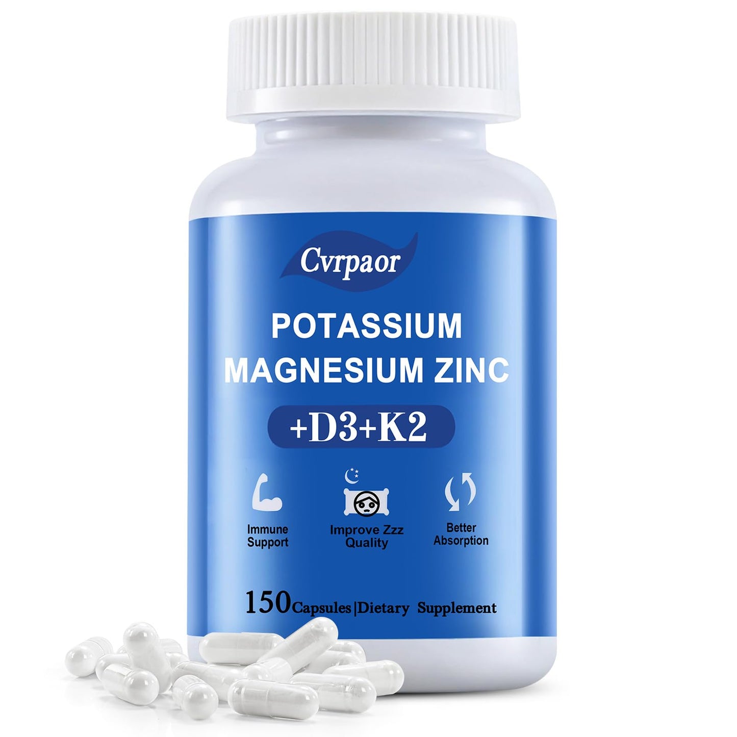 Cvrpaor Potassium Magnesium Supplement with Vitamin D3 K2 Capsule 150 Counts
