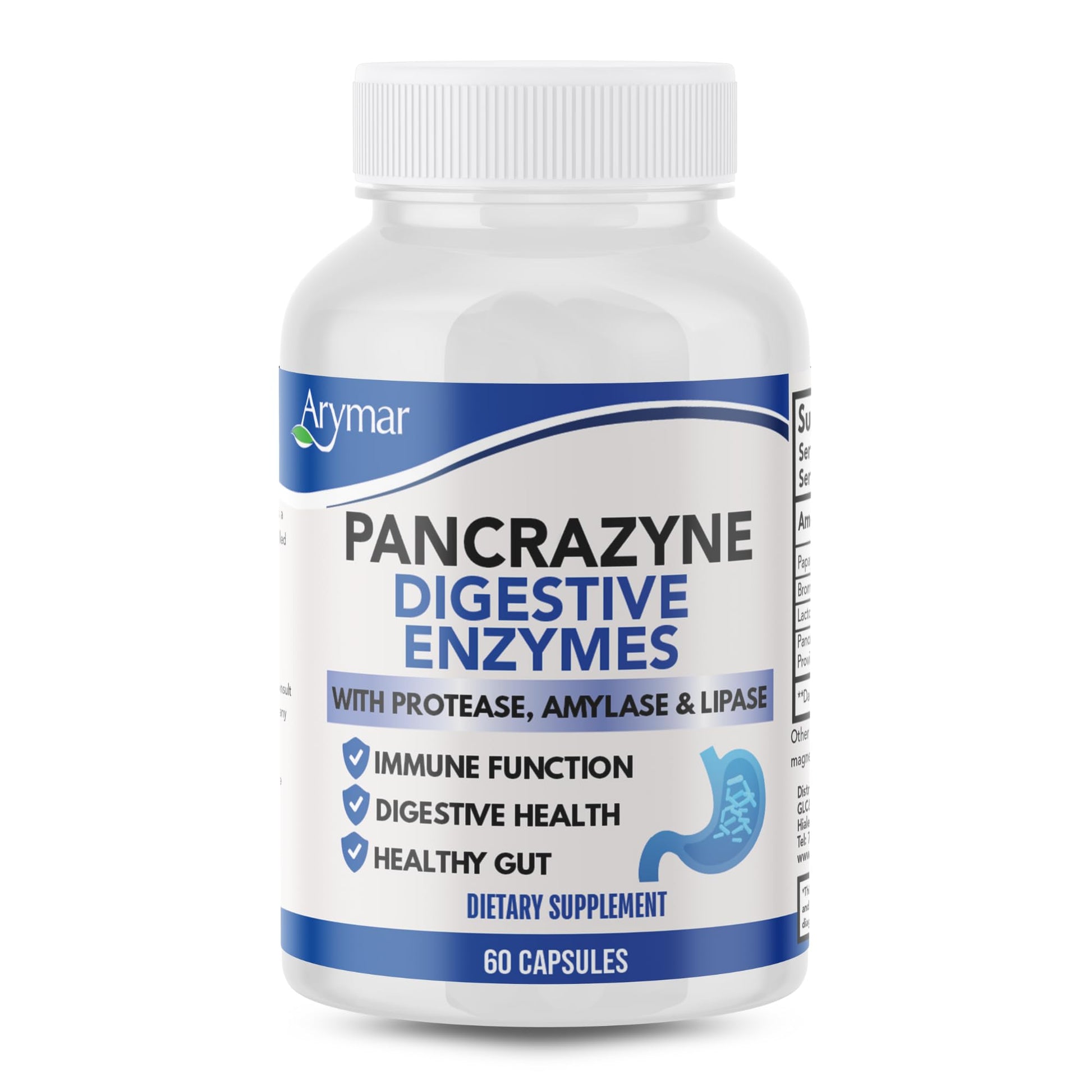 Arymar Pancrazyne Probiotics Digestive Enzymes with Amylase, Protease, Lipase & Lactobacillus, 60 Capsules