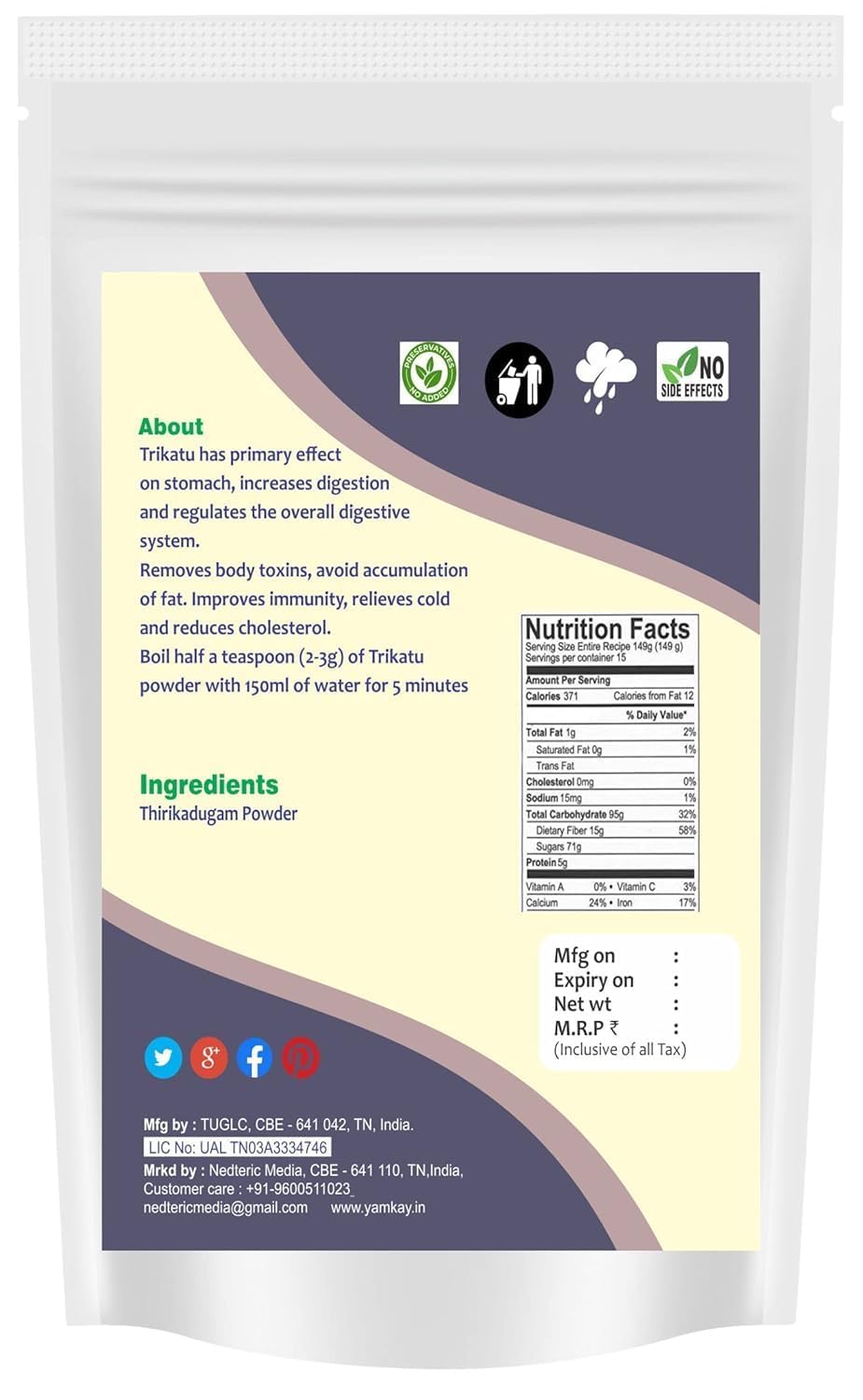 YAMKAY Pure Thirikadugam Powder, 10.58 oz