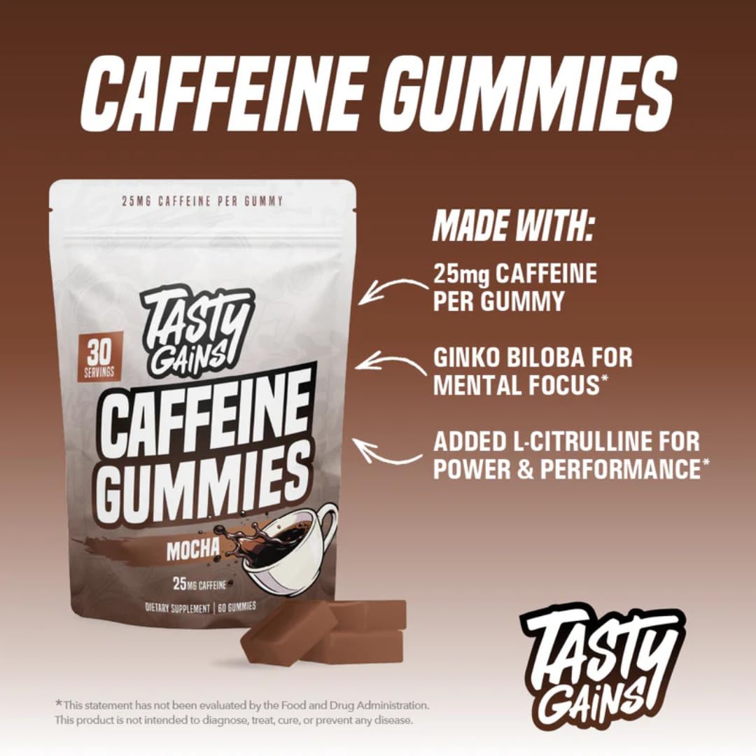 TASTY GAINS Caffeine Pre Workout Gummies, 60 Count