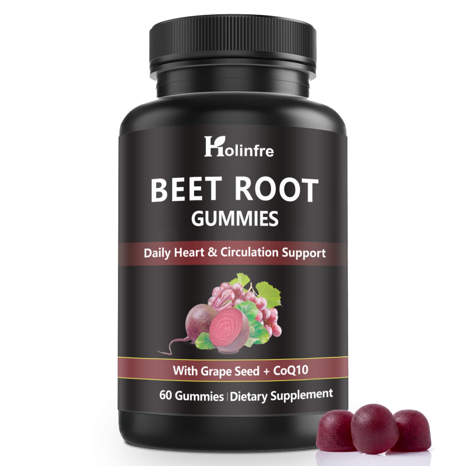 HOLINFRE Beet Root Gummies with Grape Seed & CoQ10, 60 Gummies