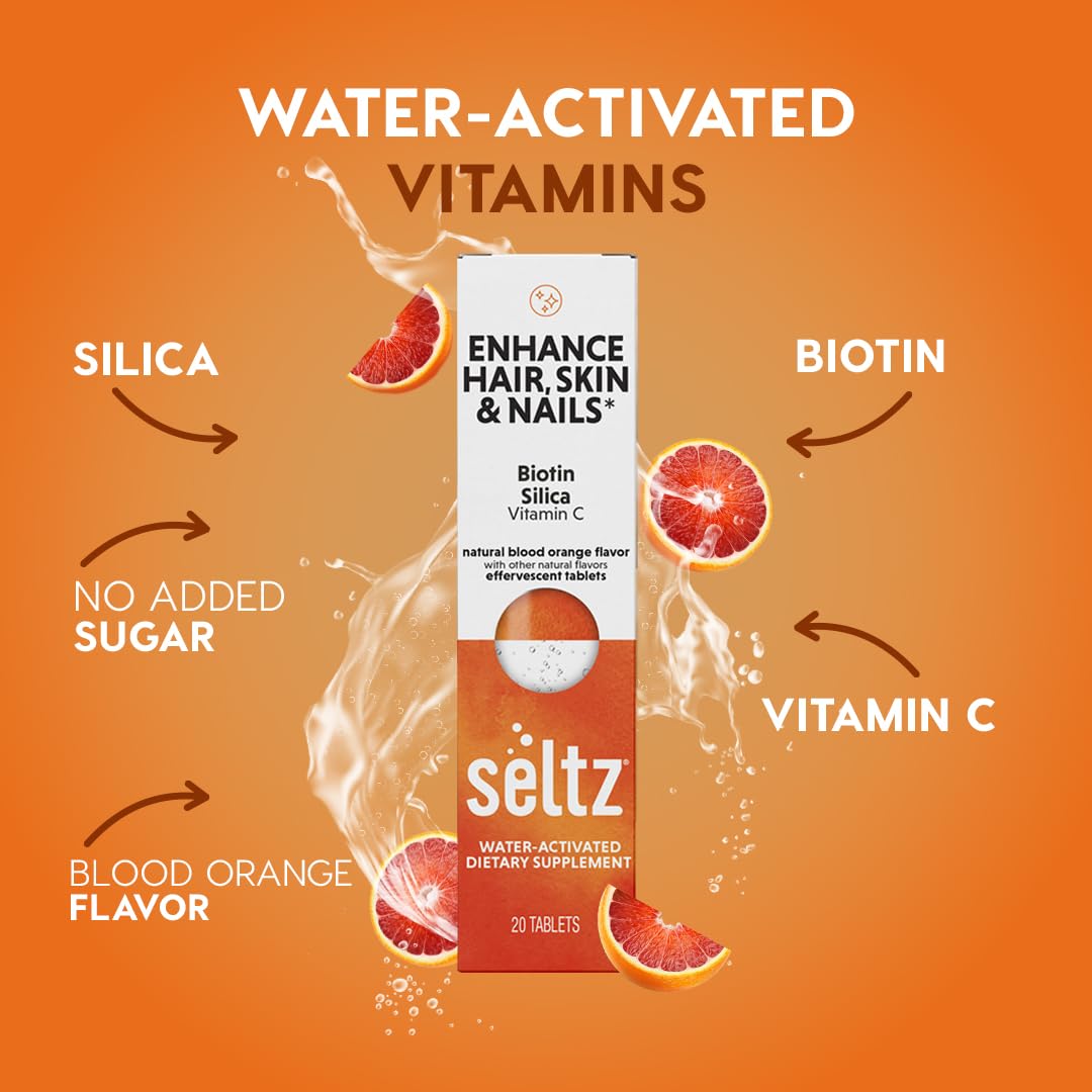 Seltz Enhance Hair, Skin & Nails – Effervescent Vitamins with Biotin, Silica & Vitamin C for Beauty & Immune Support – Blood Orange Flavor, No Sugar Added, 20 Tablets