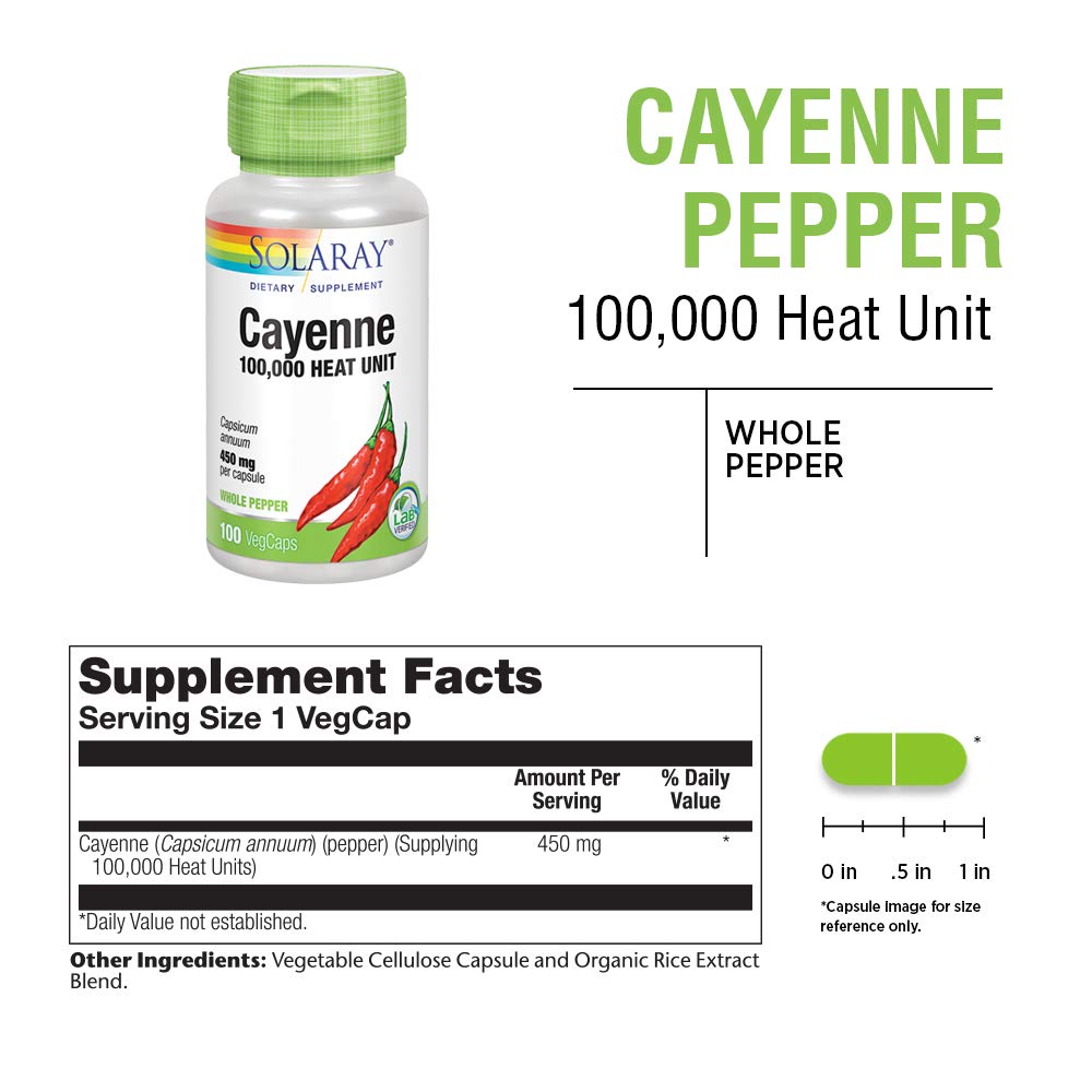 Solaray Cayenne 100,000 Heat Units Cayenne Pepper Capsule Supplement, 100 VegCaps