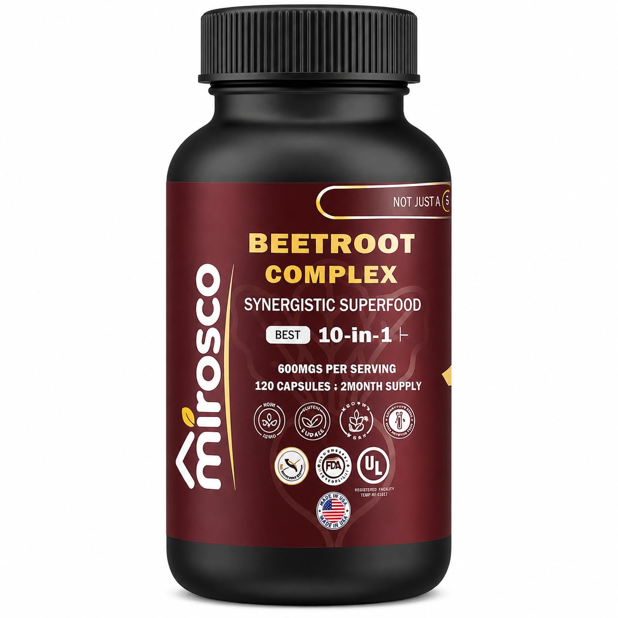 Mirosco Organic Beet Root Capsules 6000mg – Beetroot Supplement for Energy, Blood Flow & Circulation Support with Cordyceps, Maca & Green Tea Extract – 120 Capsules