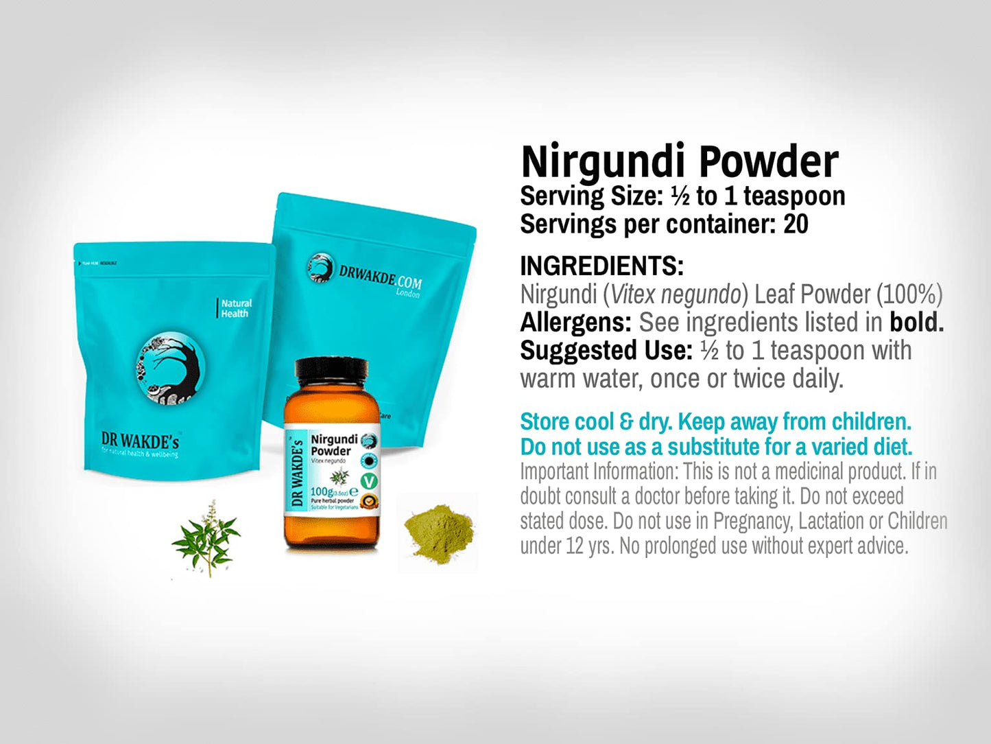 DR WAKDE's Nirgundi (Vitex negundo) Powder, 3.53 Ounce (Pack of 1)