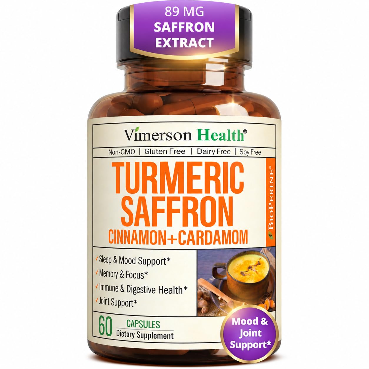 Vimerson Health Saffron Supplements with Turmeric Curcumin, Saffron Extract (89mg), Ceylon Cinnamon, and Cardamom for Women and Men – Turmeric Supplement for Daily Inflammation, Mood & Joint Support, 60 Capsules