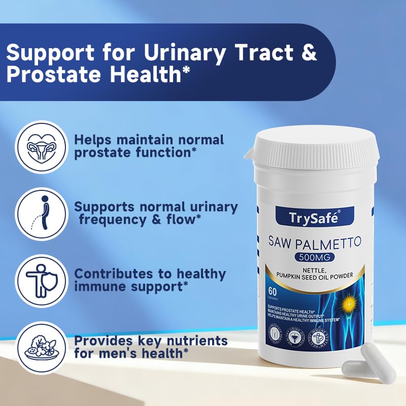 TrySafe 7-in-1 500mg Saw Palmetto for Men Prostate Health with 200mg Nettle and 200mg Pumpkin Seed Oil, 60 Capsules