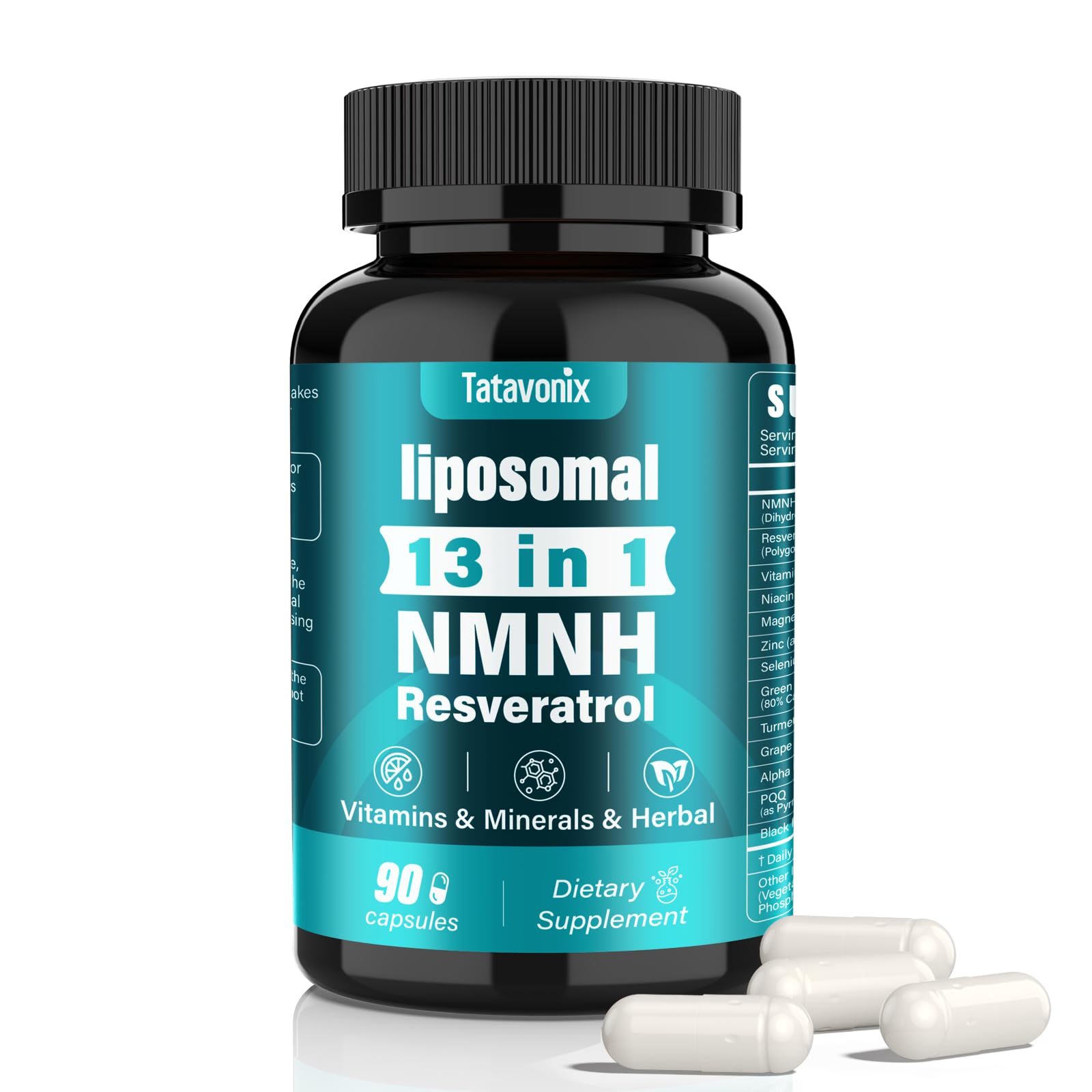 Tatavonix NMNH (Dihydronicotinamide Mononucleotide) 1000mg per Serving - NMN Alternative with Liposomal NAD+, Resveratrol & PQQ, Non-GMO, Gluten-Free, Supports Energy, Focus & Healthy Aging, 90 Capsules