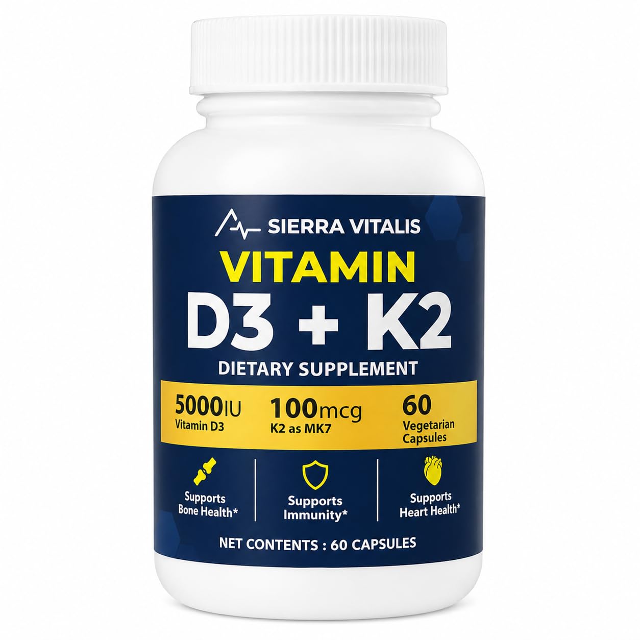 Sierra Vitalis Vitamin D3 K2 5000 IU MK7 100mcg Capsules, 60 Count