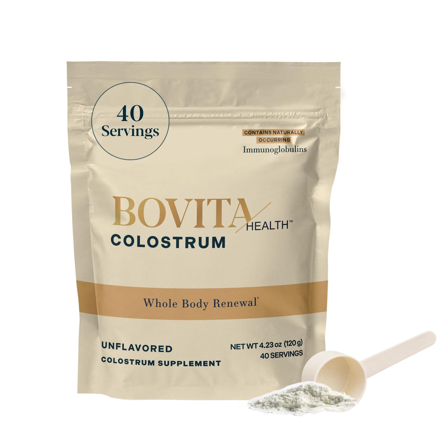 Bovita Health Colostrum Powder Supplement with 3g Calf-First Bovine Colostrum for Gut Health, Immune Support and Active Recovery, Unflavored, 4.23 oz