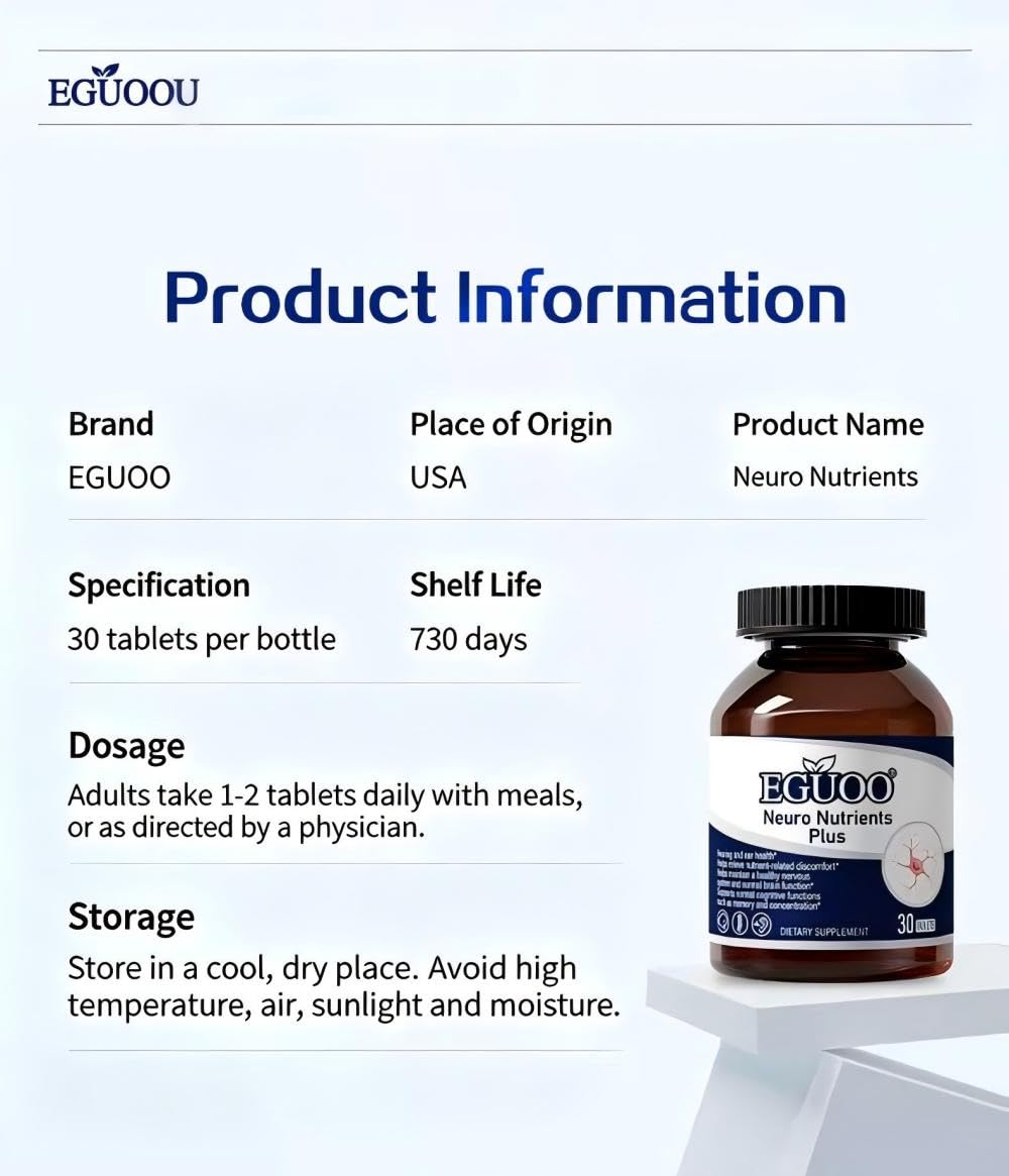 EGUOO Neuro Nutrients Plus – Vitamin B12 (Methylcobalamin) 5000mcg, Folate & Selenium – Dietary Supplement for Nervous System & Auditory Wellness, 30 Tablets