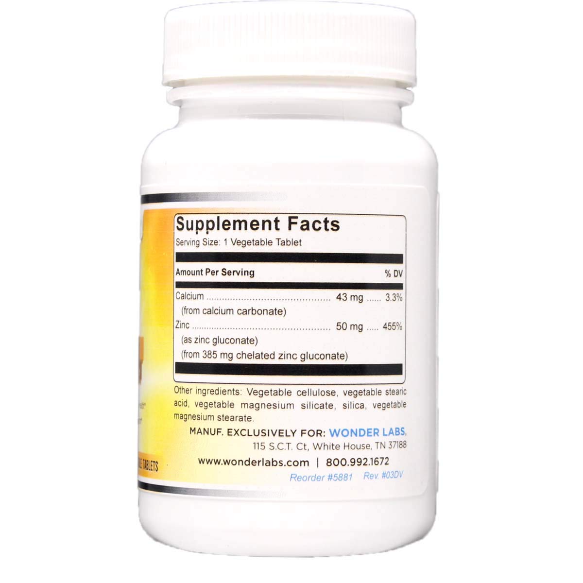 Wonder Laboratories Chelated Zinc Gluconate 50 mg Tablets, 100 Count