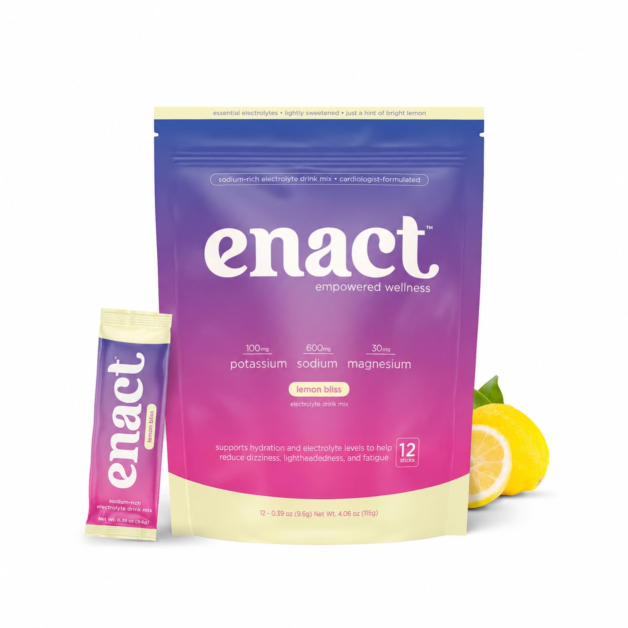 Enact Hydration Electrolyte Powder for POTS, High Sodium, Lemon Bliss, 4 Count