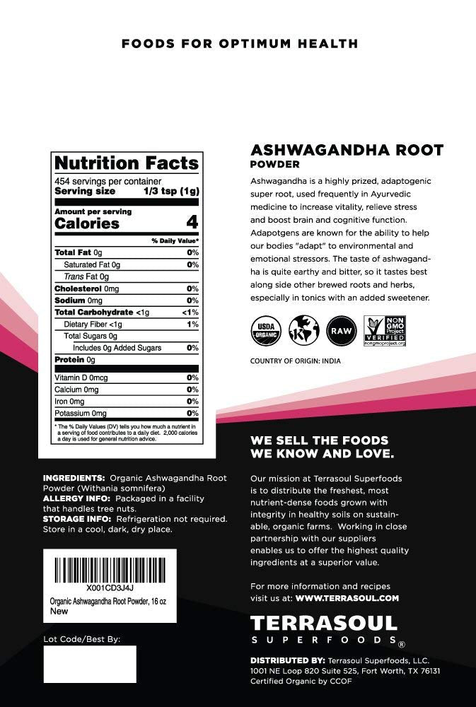 Terrasoul Superfoods Organic Ashwagandha Root Powder, 16 Ounce