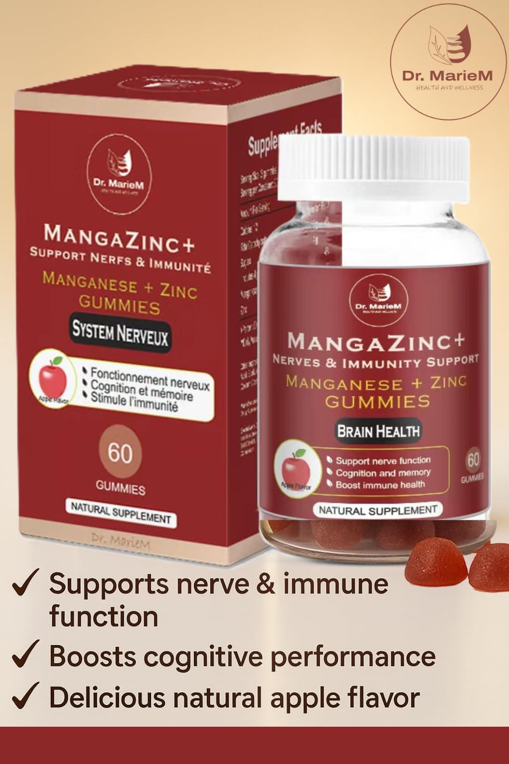 Dr. MarieM MangaZinc+ Gummies – Manganese + Zinc for Nerve Function, Cognitive Support & Immune Health – Apple Flavor – 7.93 oz